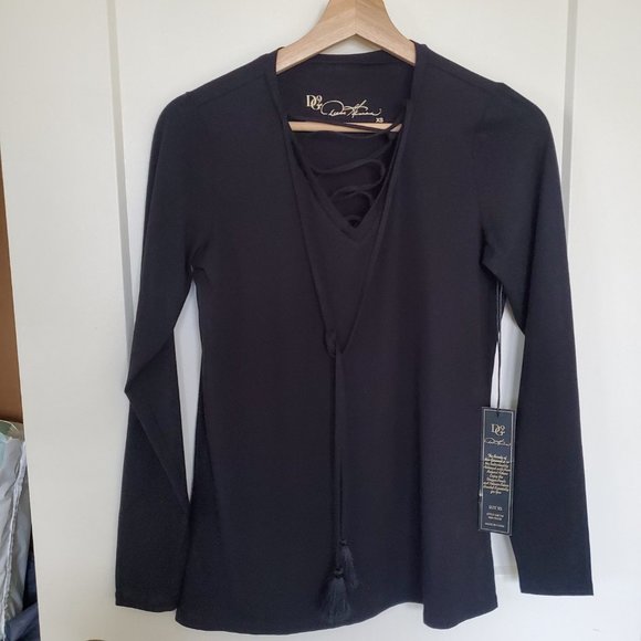 DG2 Diane Gilman Solid Long Sleeve V Neck Cross String Tie top - Black Size XS - Picture 5 of 5